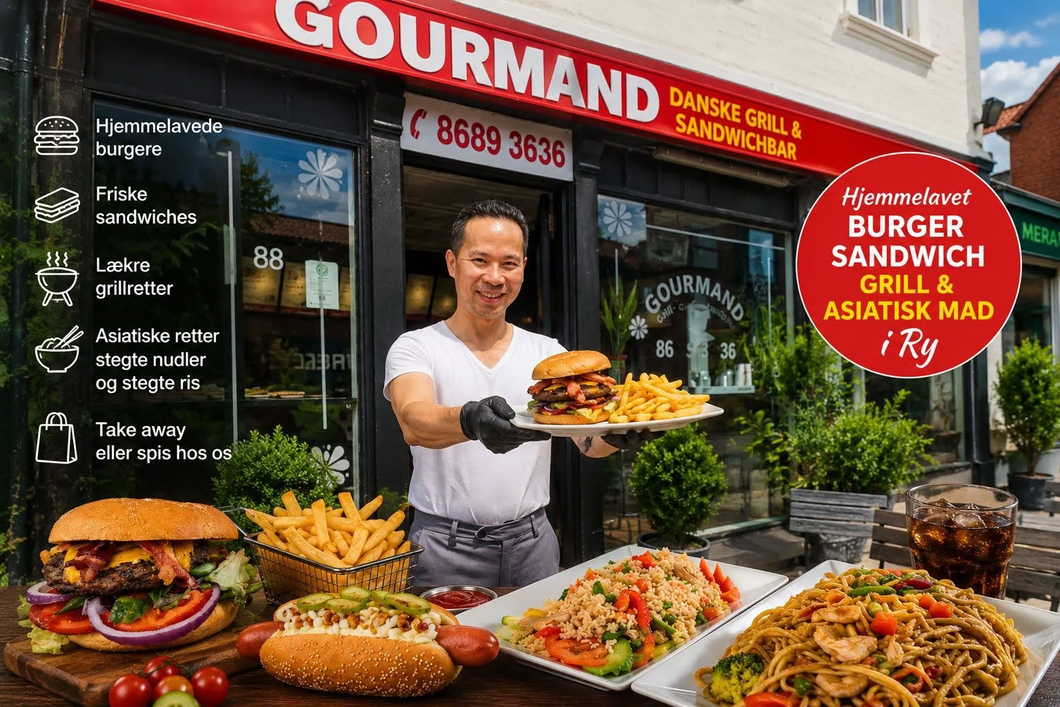 Ejerne byder velkommen til Gourmand Grill & Takeaway i Ry med hjemmelavede burgere, sandwich, grillretter og asiatisk mad